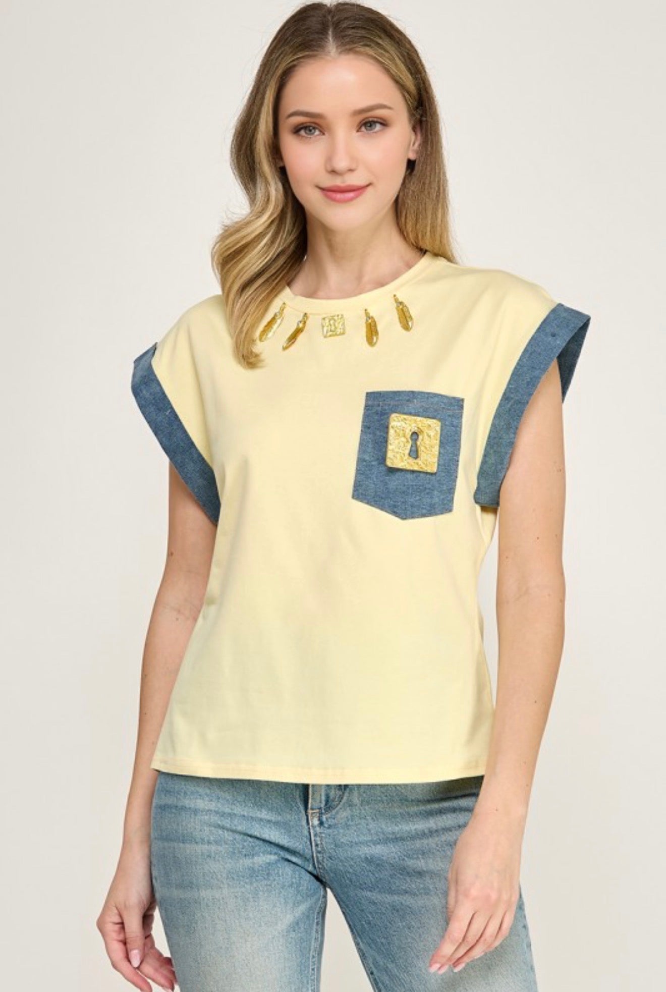 Denim Accent Cap Slv Gold Hardware Detail Pokcet T Shirt (04-28-26)