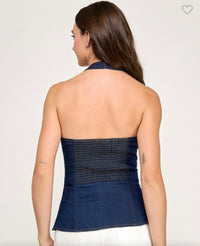 METALL BUTTON DETAIL DENIM HALTER TOP