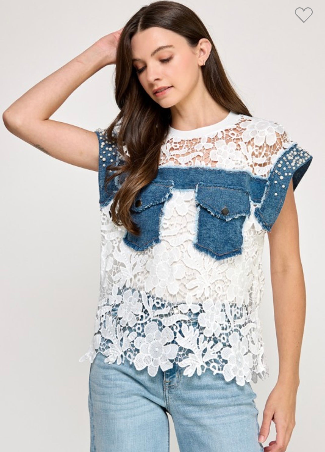 LACE CROCHET N DENIM COMBO T SHIRT