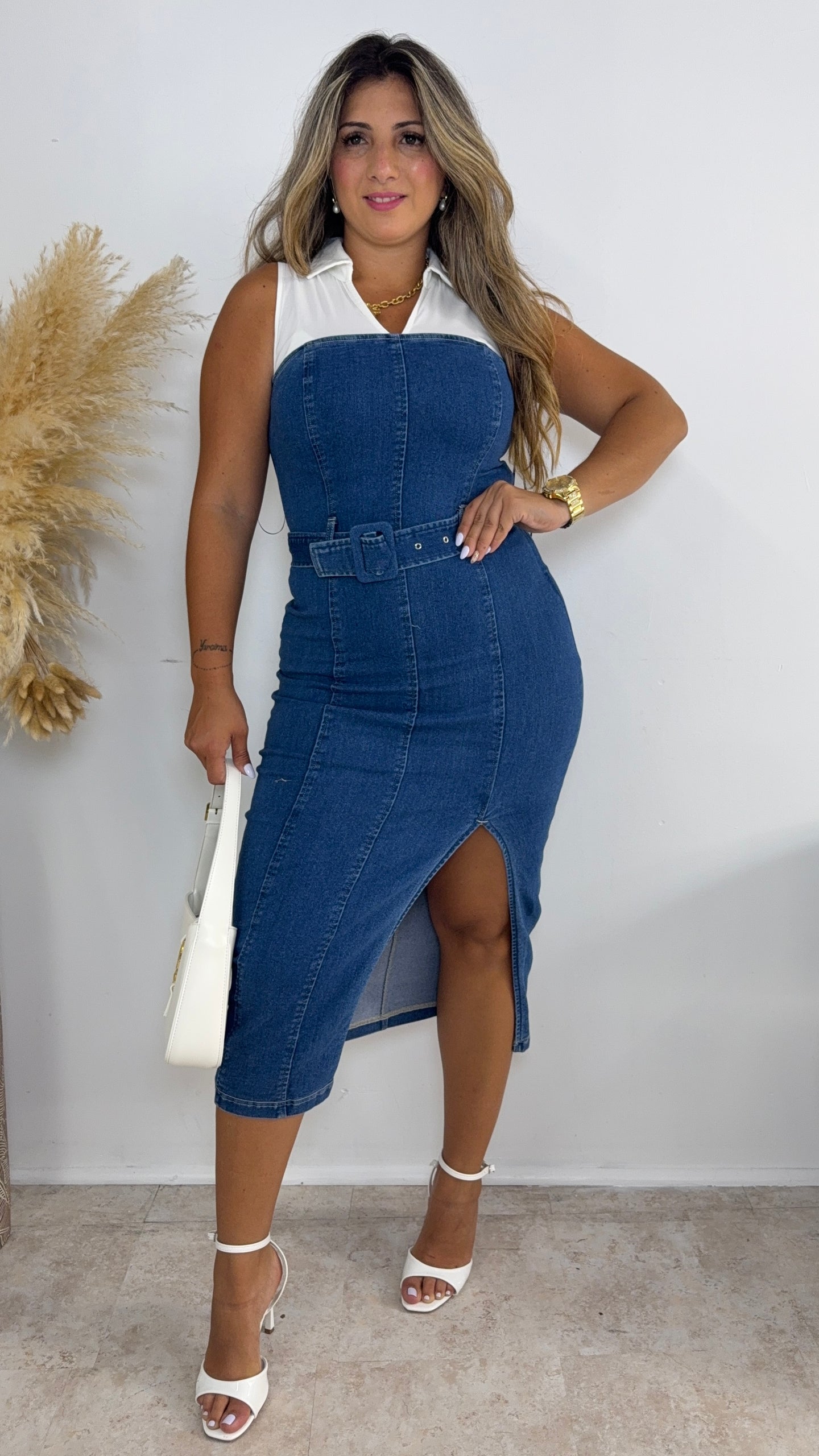 Denim Elegance Belted Midi Dress