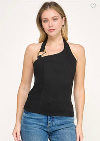 HALTER NECK BACK SMOCKING SOLID T SHIRT