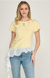 Ruffle Hem Gold Hardware Detail R Neck T Shirt (04-28-26)