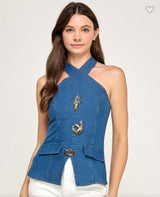 METALL BUTTON DETAIL DENIM HALTER TOP