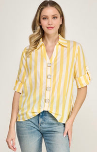 Roll Up Slv Square Deco Button Vertical Stripe Shirt (04-28-26)