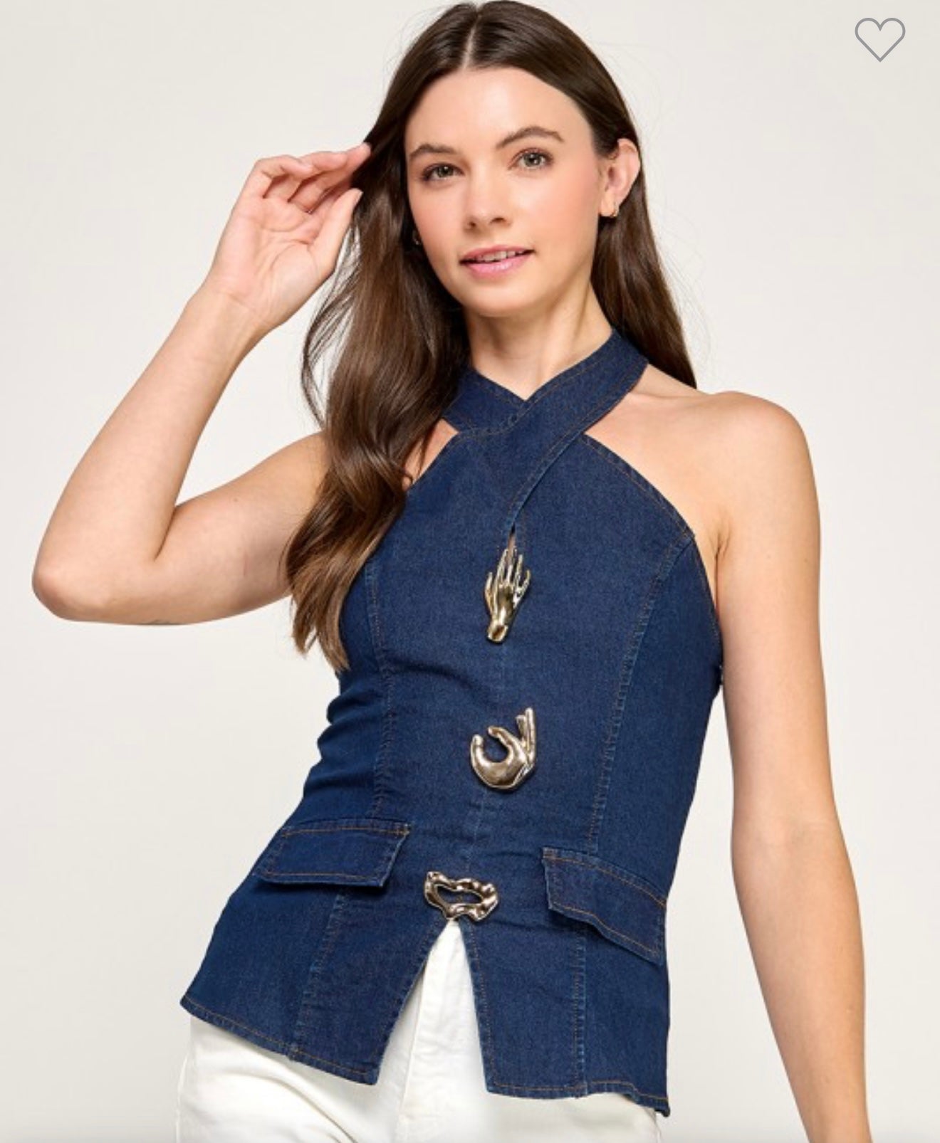 METALL BUTTON DETAIL DENIM HALTER TOP