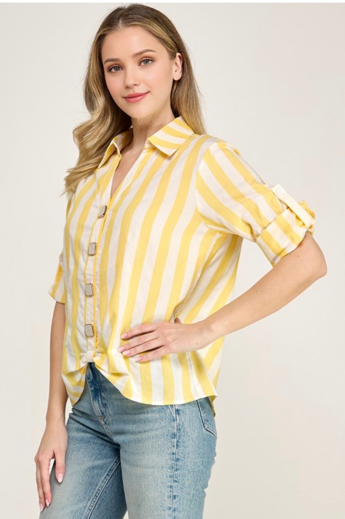 Roll Up Slv Square Deco Button Vertical Stripe Shirt (04-28-26)
