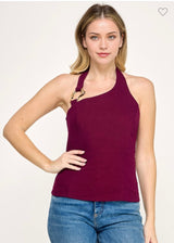 HALTER NECK BACK SMOCKING SOLID T SHIRT