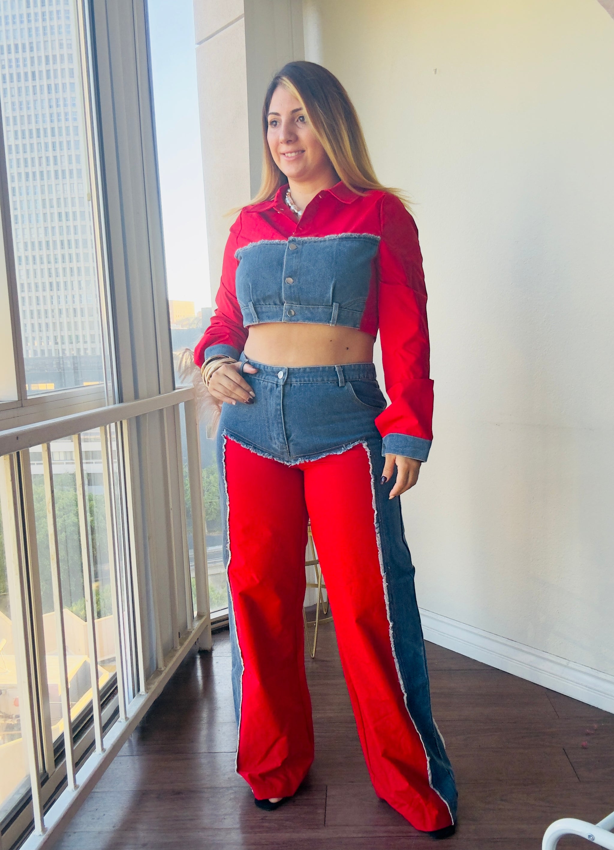 Shelly Denim Contrast Crop & Pants Set