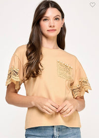 LACE  TRIM DETAIL NECK T SHIRT