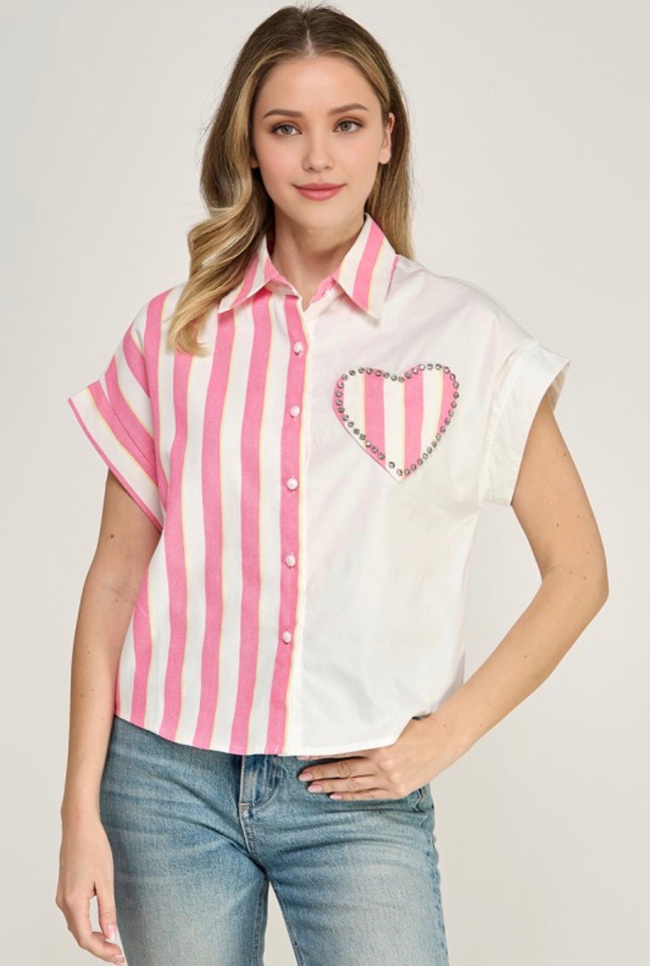 Stripe Heart Appliqué Button Down Stripe Color Block  Shirt (04-28-26)
