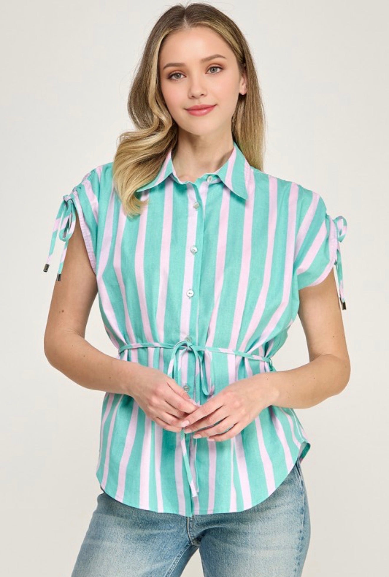 Drawstring Waist And Slv Button Down Vertical Stripe (04-28-26)
