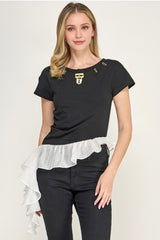 Ruffle Hem Gold Hardware Detail R Neck T Shirt (04-28-26)