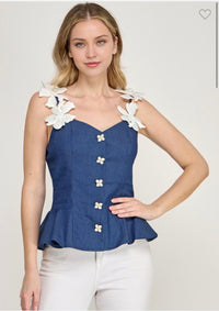 Slvless 3D Floral Stap  Denin Peplum Button Top  (Pastel)
