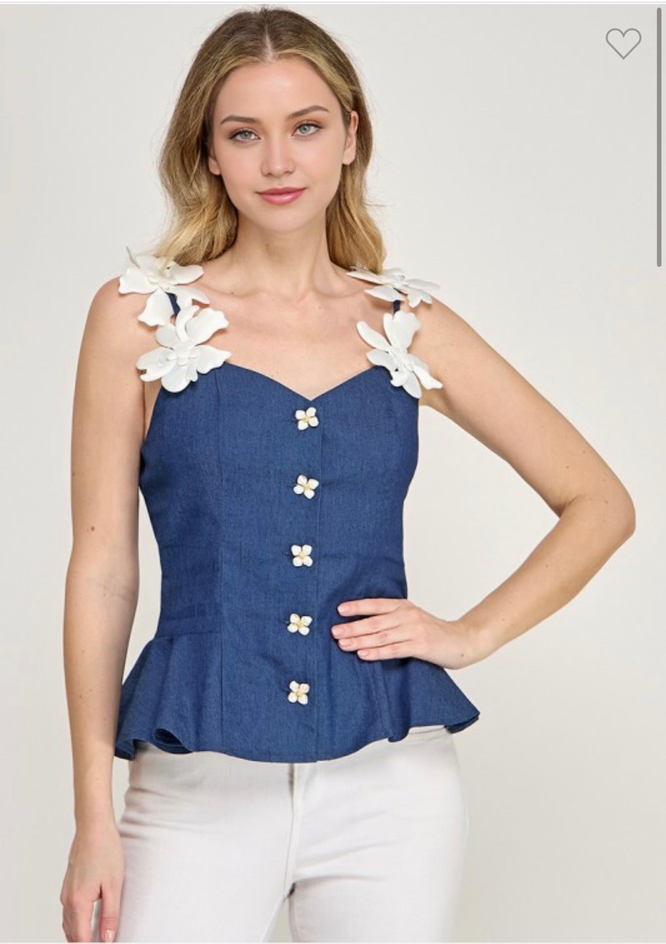 Slvless 3D Floral Stap  Denin Peplum Button Top  (Pastel)