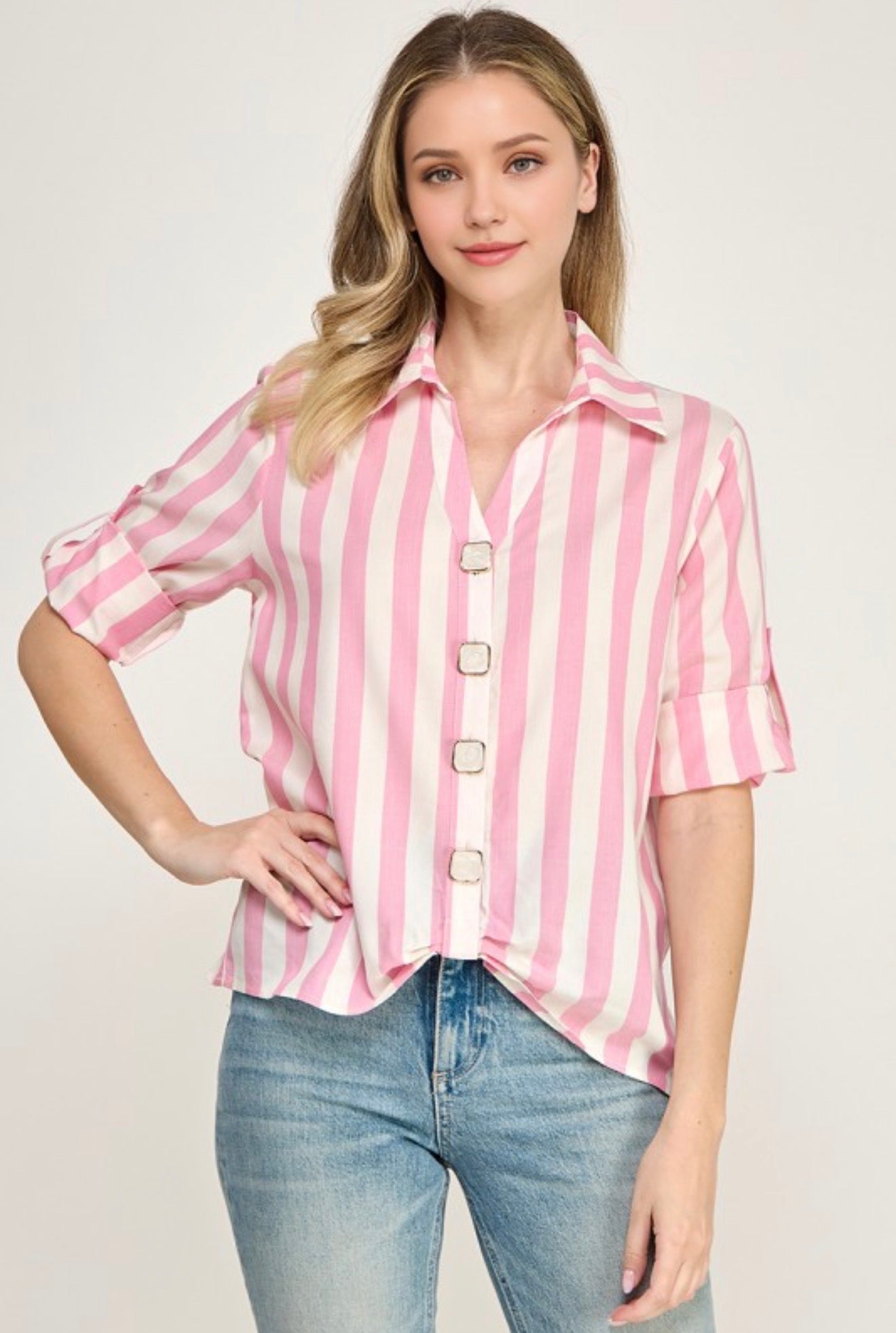 Roll Up Slv Square Deco Button Vertical Stripe Shirt (04-28-26)