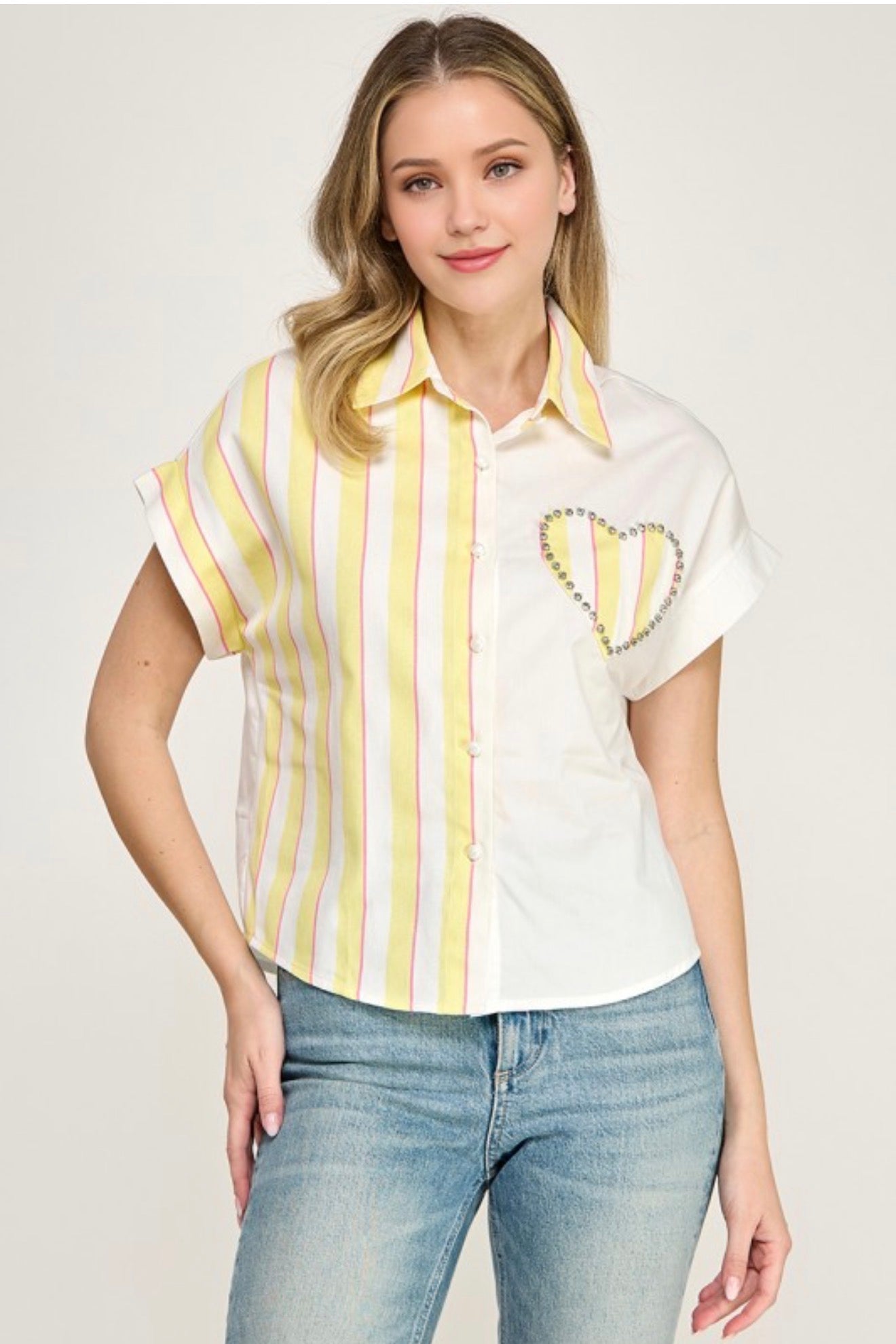 Stripe Heart Appliqué Button Down Stripe Color Block  Shirt (04-28-26)