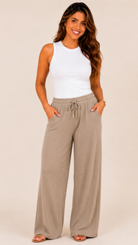 Ribbed Wide-Leg Pants with Elastic Waist