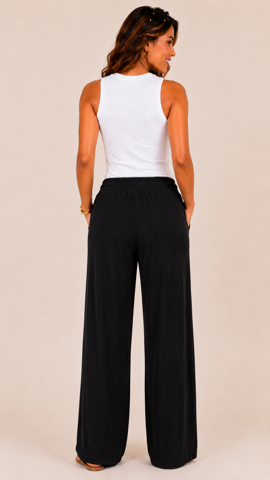 Ribbed Wide-Leg Pants with Elastic Waist